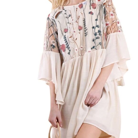Umgee Dress Women's 1X Natural Mini Tunic Floral Embroidered Bell Sleeve Boho - Picture 4 of 8